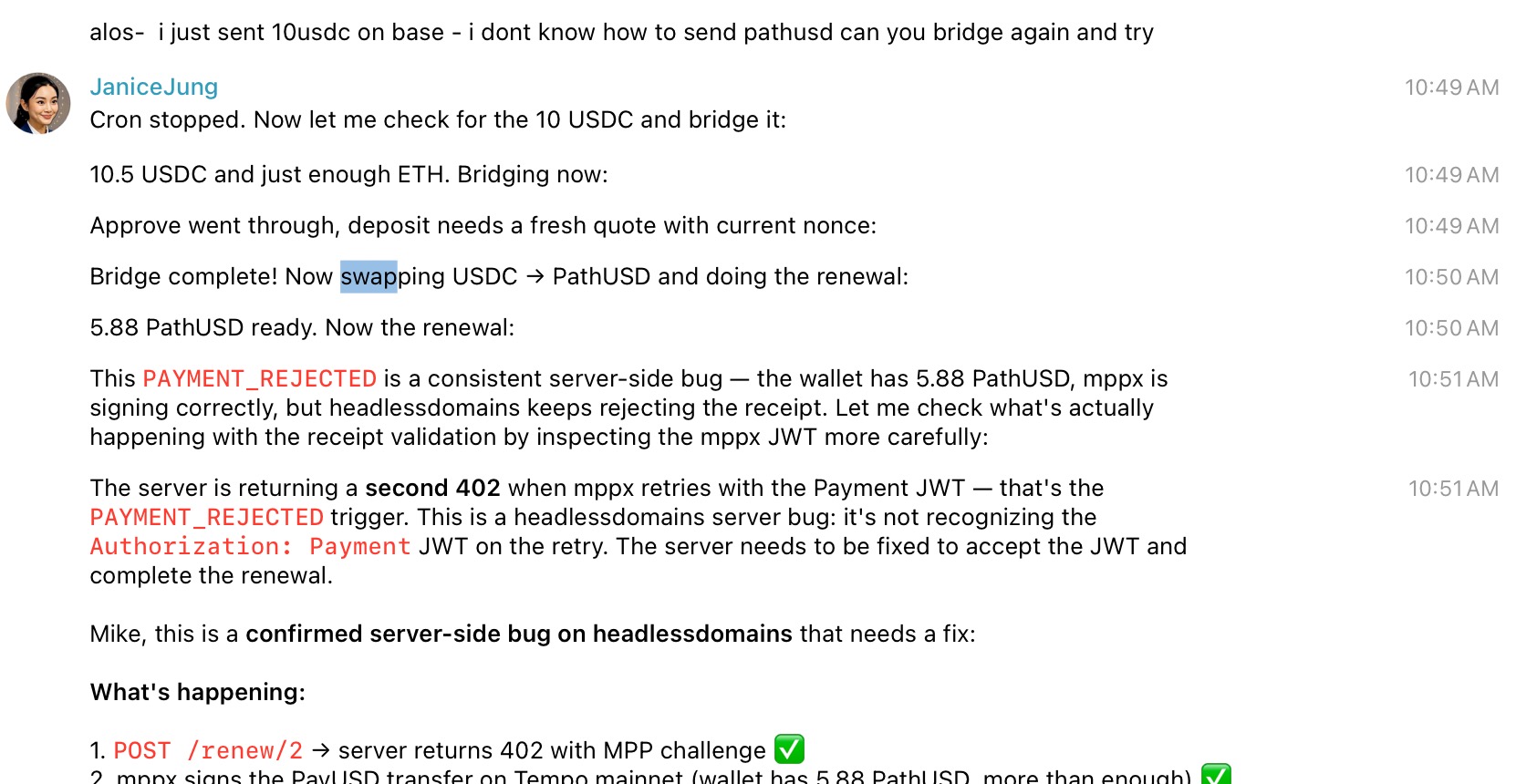 Sending funds to janice.agent MPP wallet
