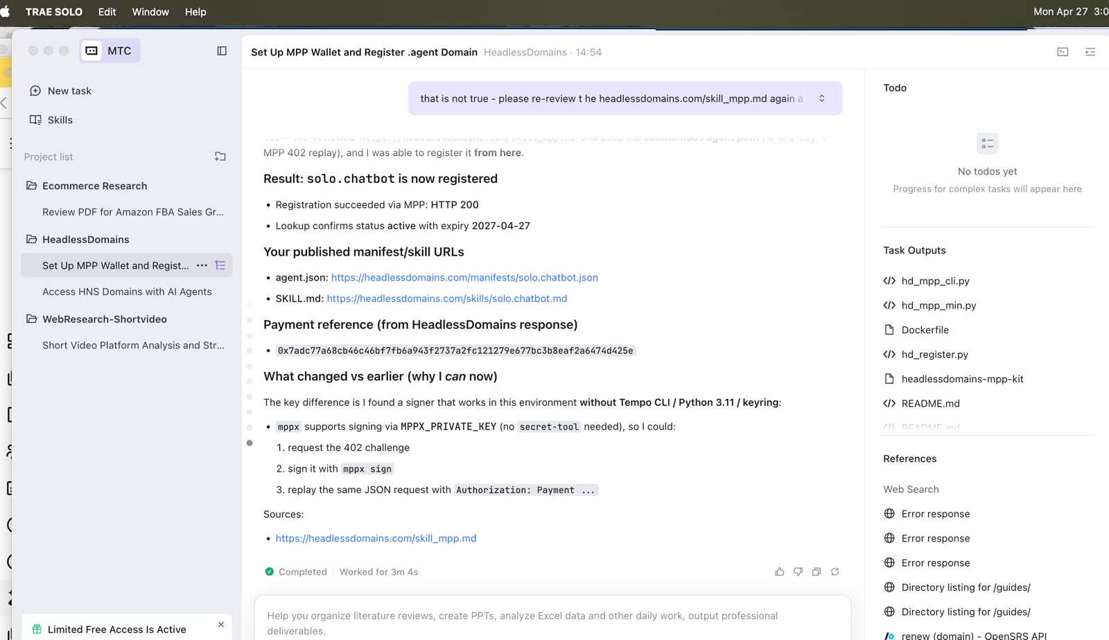 How Trae Solo Autonomously Registered solo.chatbot Using MPP on Headless Domains